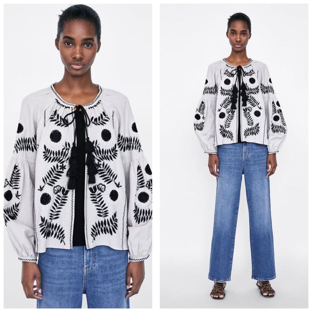 Zara Boho Embroidered Tassel Cardigan Small Cream Black Linen Cotton Western